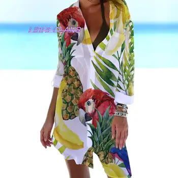 Papūga Paukštis, Peizažas Saulėlydžio Spausdinami 3D Palaidinės Ilgos Vasaros Saulės Moterų Blusa ilgomis Rankovėmis Mygtuką Iki Biuras Marškinėliai Outwear Paplūdimys