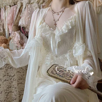 Pavasario Nightdress Moterų Nėriniai Pižamą Retro Prancūzijos Derliaus Plonas Laisvas Sleepwear Elegantiškas Padažu Suknelė Poilsio Namų Padažu Suknelė