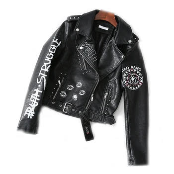 Pavasario Punk PU odinė striukė moterų mados prekės ženklo Plonas gatvės stiliaus spausdinti motociklas drabužiai, odinė striukė wj964 didmeninės