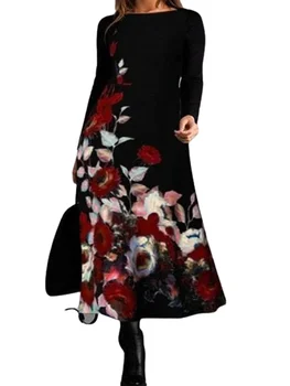 Pavasarį, Rudenį ilgomis Rankovėmis Maxi Gėlių Suknelė Mados Moterų Suknelės, Atsitiktinis O-Kaklo Black-line Suknelė 5XL Ponios Apdaras Vestidos