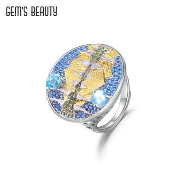 PERLAS GROŽĮ, Kraštovaizdžio Atspindys Nekilnojamojo 925 Sterlingas Sidabro Žiedas Fine Jewelry Rytų Elementas Dizainas Žiedai Moterims Topazas Opal
