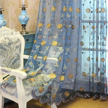 Prabanga Mėlyna Miegamojo Užuolaidos Gazas Aukso Blizga Gėlių Gazas Užuolaidas Kambarį Restorano Langą Gazas Balkonas Tiulio Užuolaidos