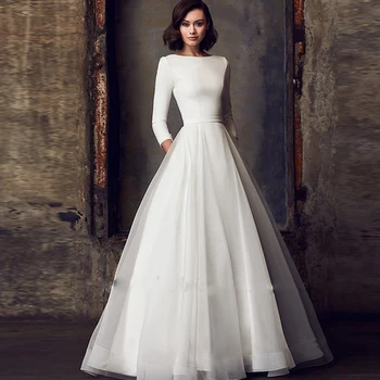 PUIKUS Elegantiškas Scoop Vestuvių Suknelės Moterims 2023 ilgomis Rankovėmis Satin A-Line Bridal Suknelės Paprasta Chalatas De Mariée Užsakymą