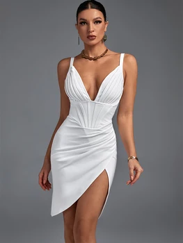 Puoštas Tvarstis Suknelė Balta Bodycon Suknelė Vakaro Šalis, Elegantiškas, Seksualus, Spageti Dirželis Gimtadienio Klubo Aprangą 2022 Vasaros Naują Atvykimo