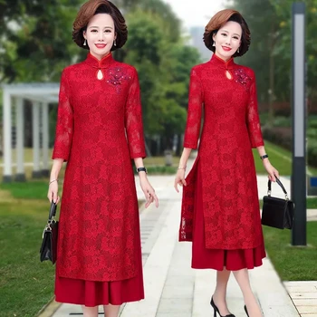 Raudona Šventinė Vestuvių Suknelė Vestidos Moterų Middleaged Motina Elegantiškas Šalis Suknelė Rudenį Cheongsam Tuščiaviduriai Nėrinių Suknelės Qipao