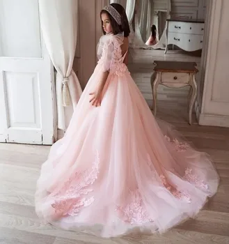 Rožinė Prabanga Princesė Gėlių Mergaitės Suknelė Vestuvių V Kaklo Aplikacijos, Nėrinių Mergaičių Pirmosios Komunijos Suknelė Inscenizacija Suknelė Fotografija