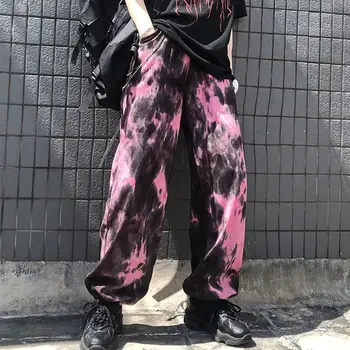 Rožinės Spalvos Elastinės Juostos Prarasti Haremas Siuvinėjimo Kaklaraištis Dažų Kontrastas Jogger Ziajać Moterų Žmogus Streetwear Korėjos Harajuku Punk Hip-Hop