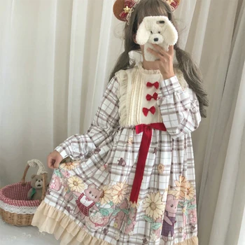 Rudenį Japanese Lolita Minkštas Girl Lolita Kawaii Saulėgrąžų Lokys Spausdinti Lankas OP Troba Stiliaus ilgomis rankovėmis Suknelė Moterims Mergina