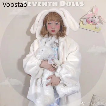 Rudenį, Žiemą Japonijos Cute Lolita Paltai Mergaitėms Kawaii Triušio Ausis Gobtuvu Prarasti Pliušinis Striukes Moterims, Saldus, Šiltas Jk Outwear Viršūnės
