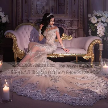 Saudo Arabija Prabangių Blizgančių Bling Puošnios Nuotakos Suknelė Vien Iliuzija Šampano Tiulio Aukšto Kaklo Undinė Ilgos Vestuvinės Suknelės 2021