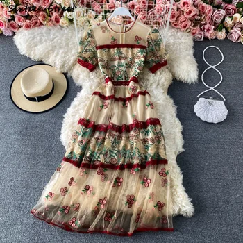 Senovinių Nėrinių Suknelės Moteriai Naujas Vasaros Bordo Floros Elegantiškas Akių Šalis Suknelė Bodycon kilimo ir tūpimo Tako Sluoksniuotos Rankovėmis Maxi Suknelė