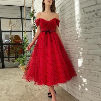 Sevintage Elegantiškas Raudonas Punktyras Tiulio Prom Dresses Off-Pečių Arbata-Ilgis-Line Oficialų Šalis Suknelė 2022 Vakaro Suknelės Su Diržu