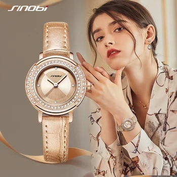 SINOBI Mados Prabangių Moterų Laikrodžiai Diamond Rosegold Odinis Dirželis Žiūrėti Japonų Judėjimo Vandeniui Laikrodis, Laikrodžiai Moterims