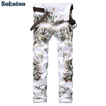 Sokotoo Vyrų mados gėlių spalvos 3D atspausdintas džinsus, Baltos spalvos plonas liesas ruožas džinsinio audinio kelnės