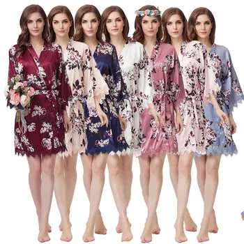 Spausdinti Gėlių Skraiste Atsitiktinis Moterų Naktiniai Drabužiai Kimono Pižamą Namų Padažu Atsitiktinis Satino Homewear Suknelė Sleepwear Chalatas