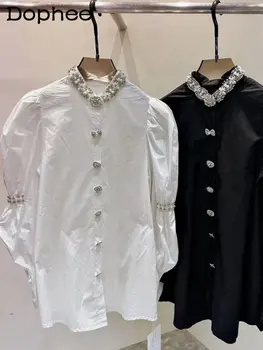 Sunkioji Pramonė Karoliukai, kalnų krištolas Balti Marškinėliai Moterims Prarasti Single-Breasted Burbulas ilgomis Rankovėmis Palaidinė 2022autumn Naujas Camisas Mujer