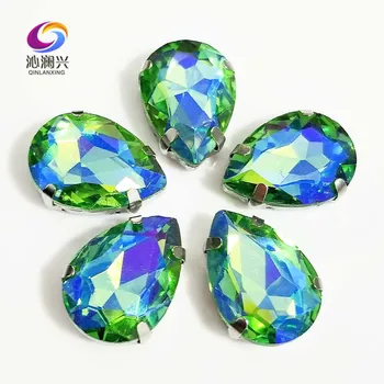 Super grožis Žalia AB spalvos, lašo formos, Aukštos kokybės Stiklo Kristalų siūti strazdų su skylėmis, 