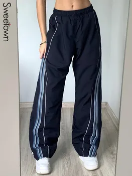 Sweetown Atsitiktinis Baggy Sweatpants Pusėje Juostele Hipių Streetwear Kelnės Moterims Mažai Elastinga Juosmens, Tiesios Kojos Bėgiojimo Kelnės 90s