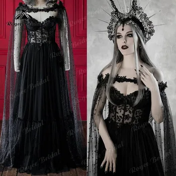 Tamsiai Pasaką Gothic Black Vestuvių Suknelės su Didžiosios Korsetas Liemenė Fantazijos Nuotakos Suknelė Helovinas Vestuvės Apsiaustu, Seksualus 2023
