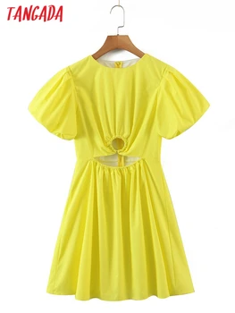 Tangada 2022 m. vasarą moterys, geltona, cut-out suknelė, trumpas sluoksniuotos Rankovėmis Ponios Sundress SL13