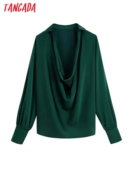 Tangada Moterų Retro Žalia Plisuotos ShirtLong Rankovės 2022 Elegantiškos Moteriškos Marškinėliai Topai CE44