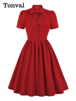 Tonval Raudona Kieta Suknelės Moterims peteliškė ant Kaklo Mygtuką Iki Derliaus Plisuotos Suknelė Šalis Elegantiškas Drabužius trumpomis Rankovėmis Vasarą 2022