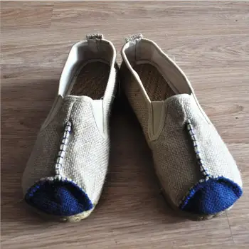 Unisex Kinijos Džiuto pluošto megztas Lininis Batai Patogiai važiuoti Butas batai Kinų stiliaus Porą kaime flattie batai Smėlio spalvos mėlyna