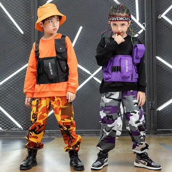 Vaikas Hip-Hop Drabužių Palaidinukė Viršuje Camo Taktinis Krovinių Kelnės Mergaitėms Berniukai Džiazo Šokio Kostiumų Eksploatacinių Savybių Drabužių Streetwear
