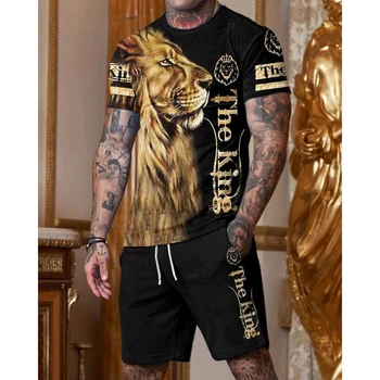 Vasaros Vyrų Tracksuit Mados 3D Atspausdintas Liūtas Karalius 2 vnt, T-marškinėliai, Šortai Tiktų Vyrų Atsitiktinis Lauko Streetwear Apranga
