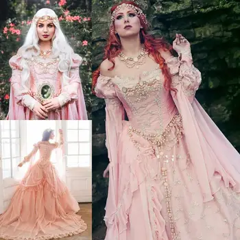 Viduramžių Rožinė Kamuolys Suknelė Vestuvių Suknelės 2021 nuo Peties Royal Rankovės nėrinių Perlai Sodo gotikos nėriniai-up vestuvinės suknelės