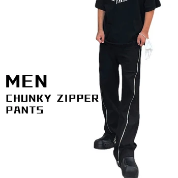 Viršų mados Streetwear Hip-Hop Ilgas Užtrauktukas Medvilnės tiesios Kelnės Vyrams 2023 Atsitiktinis y2k kelnės roupas masculinas