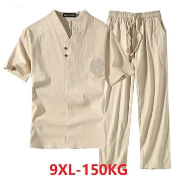 Vyriški Drabužiai Didelio Dydžio Tracksuit Vyras 2021 M. Vasaros Kostiumas Lino marškinėliai Mados Vyras Nustatyti Kinų Stiliaus 8XL 9XL Plius Du Gabalas