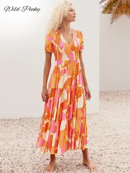 WildPinky 2022 Naujas Moterų Suknelės, Vasaros Sexy V Kaklo Gėlių Spausdinti Boho Paplūdimio Suknelė Atsitiktinis Trumpas Rankovės Linija, Ilga Suknelė Vestidos