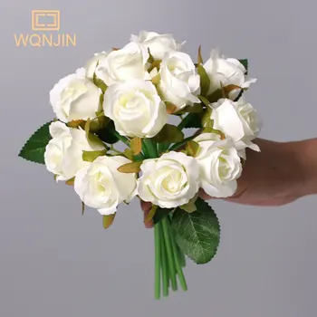 WQNJIN Nuotaka Vestuvių Puokštė Bridesmaid Krūva Gėlių Dirbtinio Šilko Gėlių 12 galva Rožių Puokštė Vestuvių Reikmenys 