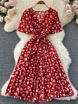 YuooMuoo Elegantiškas Plisuotos Nėriniai-up Moterų Aprangos Mada V-kaklo Gėlių Spausdinti Šifono Vasaros Suknelė, Paplūdimio Stilių, 2022 Atostogų Vestidos