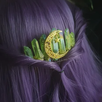 Žalia aura kvarco pusmėnulio witchy kristalų plaukų šukos, mermaid elven festivalis boho alternatyvaus vestuvių witchy wiccan kristalų