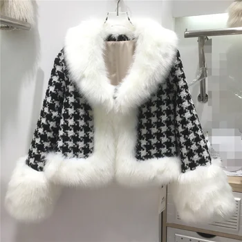 žiemos naujas mados houndstooth 2023 siūlės imitacija, lapės kailiniai paltai moterims trumpas dirbtiniais kailiais striukė elegantiškas ponios paltas