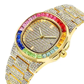 Žiūrėti Vyrams Luxury Hip-Hop Lediniame Iš Laikrodžiai CZ Bling Bling Aukso laikrodis Vyrams, Moterims, kalnų krištolas Kvarcinis Laikrodis Relogio Masculino